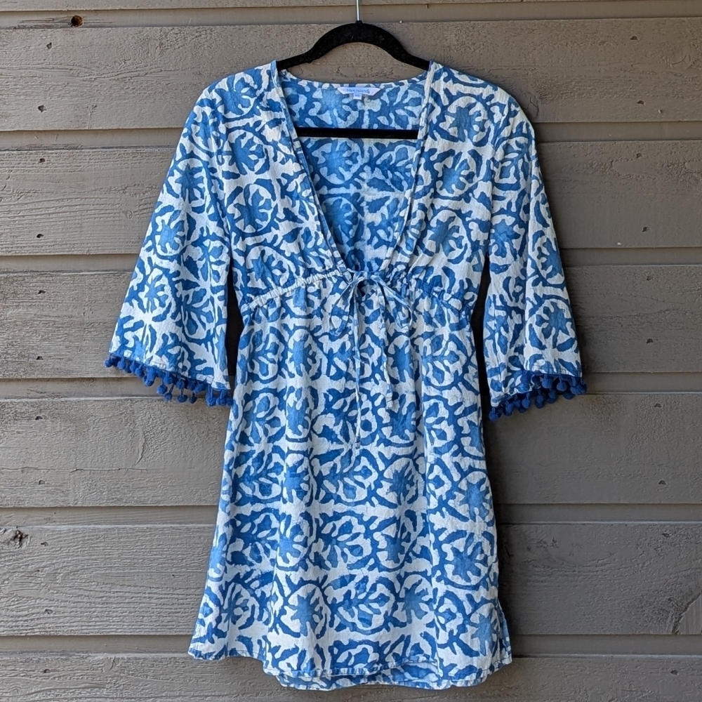 Blue Island Blue Floral Ikat Swim Coverup Dress Size XS 100% Cotton Beachy Boho
